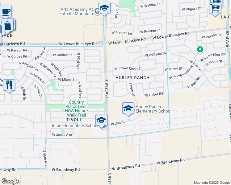 map of restaurants, bars, coffee shops, grocery stores, and more near 3419 South 90th Lane in Tolleson