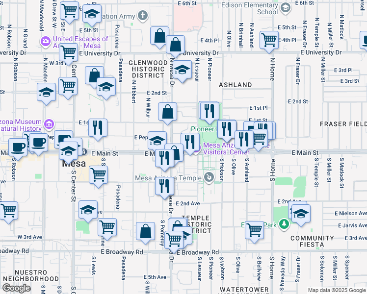 map of restaurants, bars, coffee shops, grocery stores, and more near 424 East Main Street in Mesa