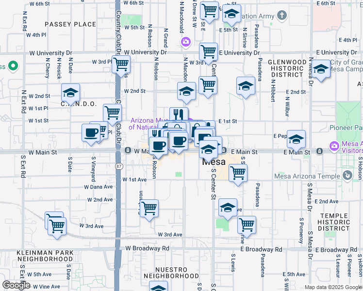map of restaurants, bars, coffee shops, grocery stores, and more near 4 North Macdonald in Mesa