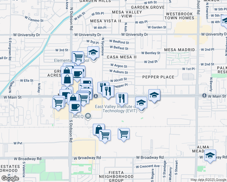 map of restaurants, bars, coffee shops, grocery stores, and more near 1714 West Main Street in Mesa