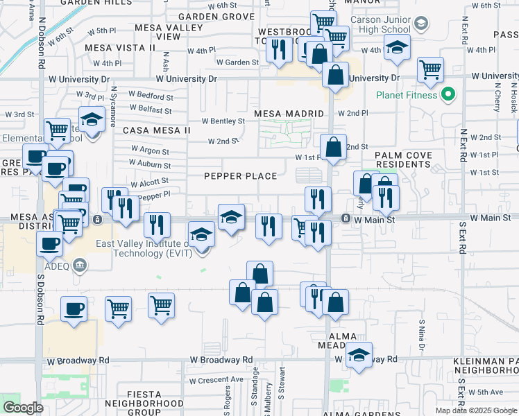 map of restaurants, bars, coffee shops, grocery stores, and more near 1406 West Main Street in Mesa