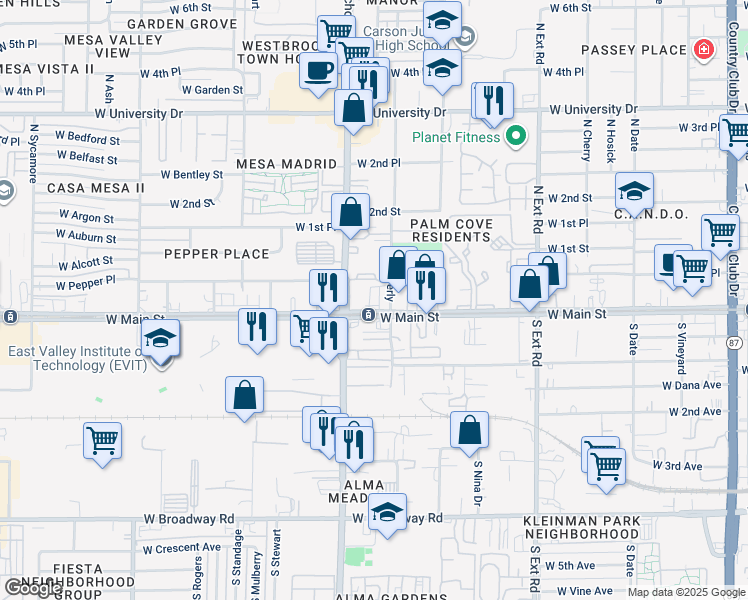 map of restaurants, bars, coffee shops, grocery stores, and more near in Mesa