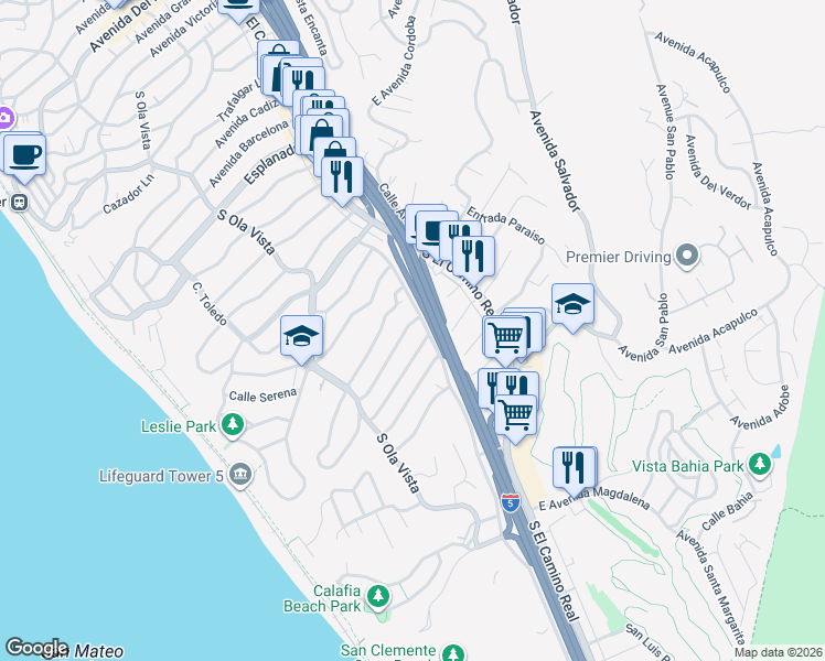 map of restaurants, bars, coffee shops, grocery stores, and more near 135 West Avenida Alessandro in San Clemente