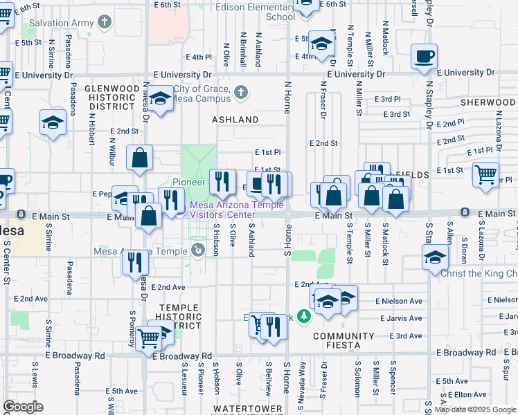 map of restaurants, bars, coffee shops, grocery stores, and more near 706 East Main Street in Mesa