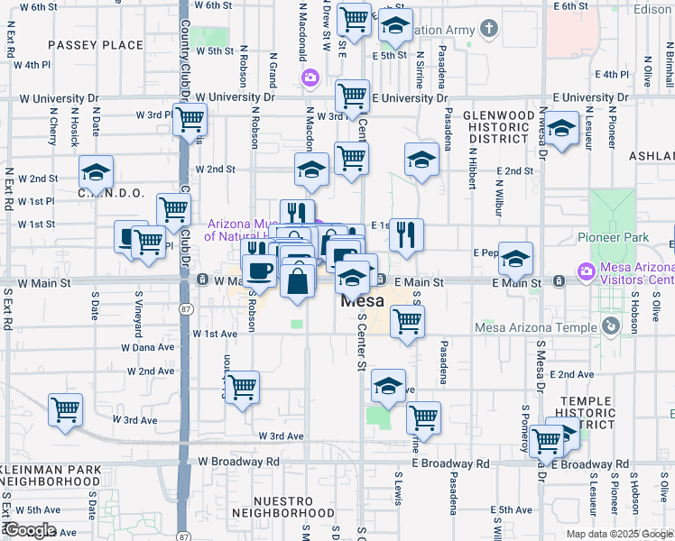 map of restaurants, bars, coffee shops, grocery stores, and more near 30 W Main St in Mesa