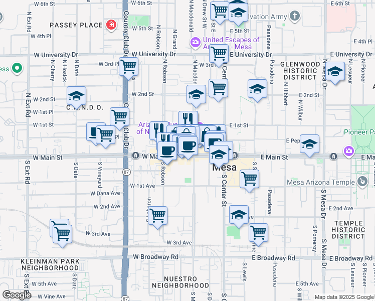 map of restaurants, bars, coffee shops, grocery stores, and more near 4 North Macdonald in Mesa