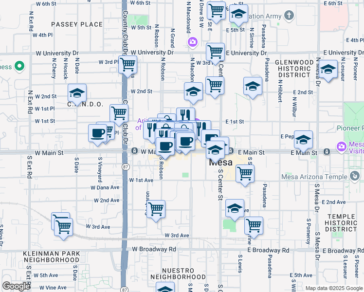 map of restaurants, bars, coffee shops, grocery stores, and more near 136 West Main Street in Mesa