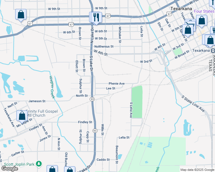 map of restaurants, bars, coffee shops, grocery stores, and more near 1303 Phenie Avenue in Texarkana