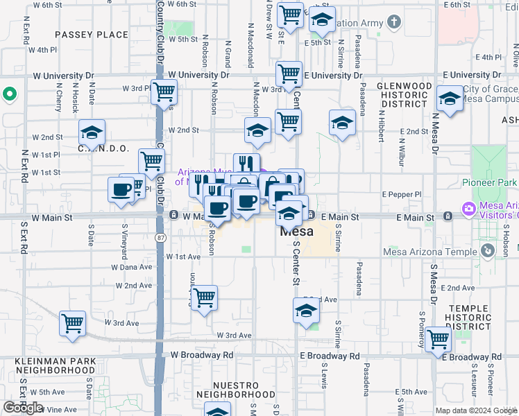 map of restaurants, bars, coffee shops, grocery stores, and more near 4 North Macdonald in Mesa