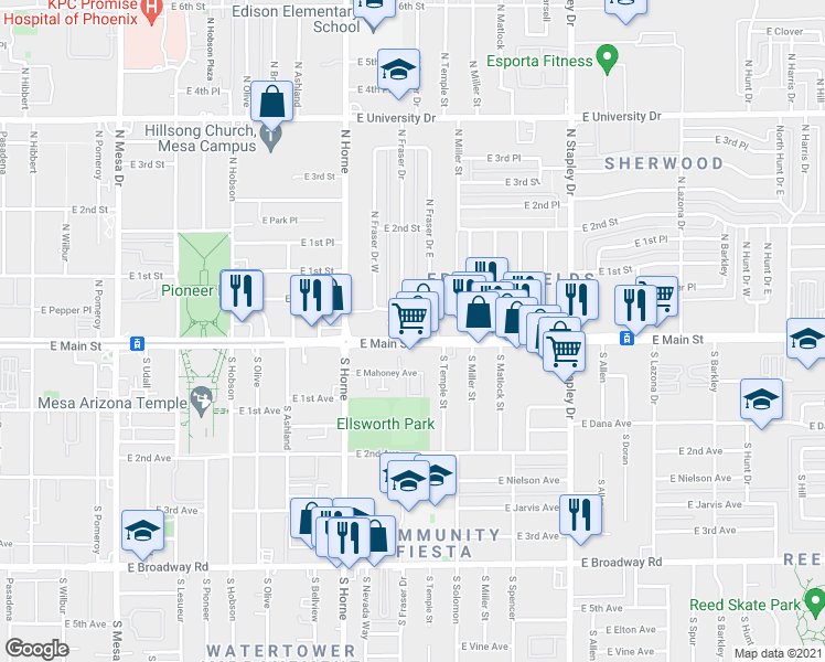 map of restaurants, bars, coffee shops, grocery stores, and more near 910 East Main Street in Mesa