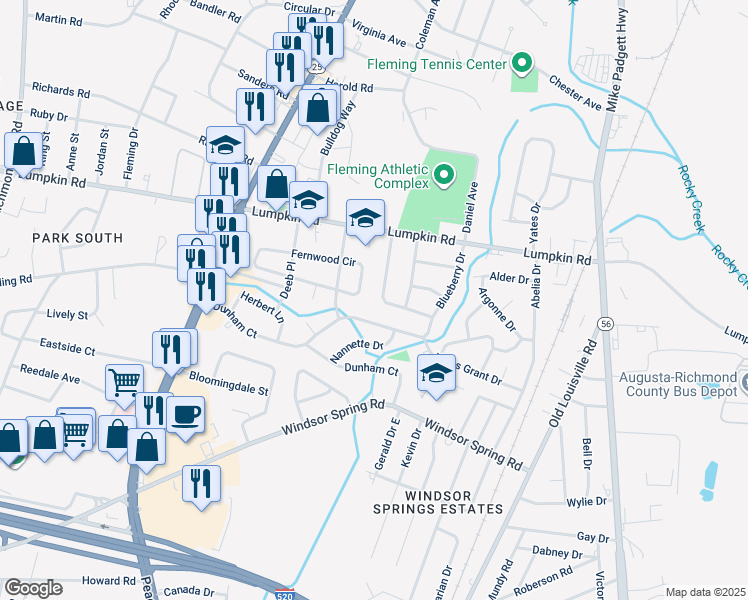 map of restaurants, bars, coffee shops, grocery stores, and more near 2526 Elderberry Dr in Augusta