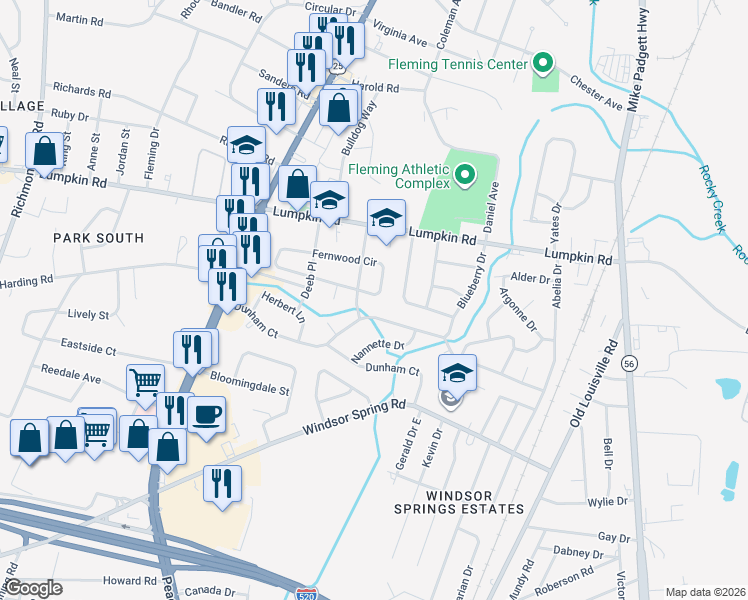 map of restaurants, bars, coffee shops, grocery stores, and more near 2526 Elderberry Drive in Augusta