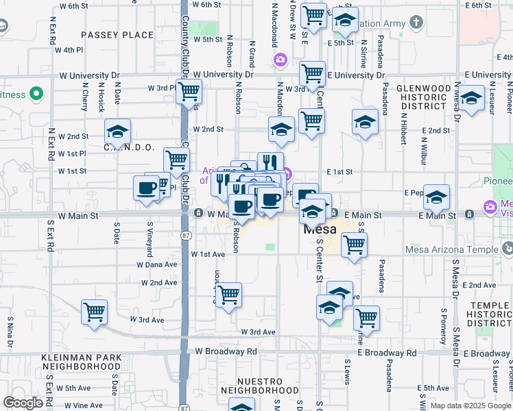 map of restaurants, bars, coffee shops, grocery stores, and more near 136 West Main Street in Mesa