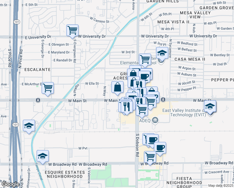 map of restaurants, bars, coffee shops, grocery stores, and more near 20 North Santa Barbara in Mesa