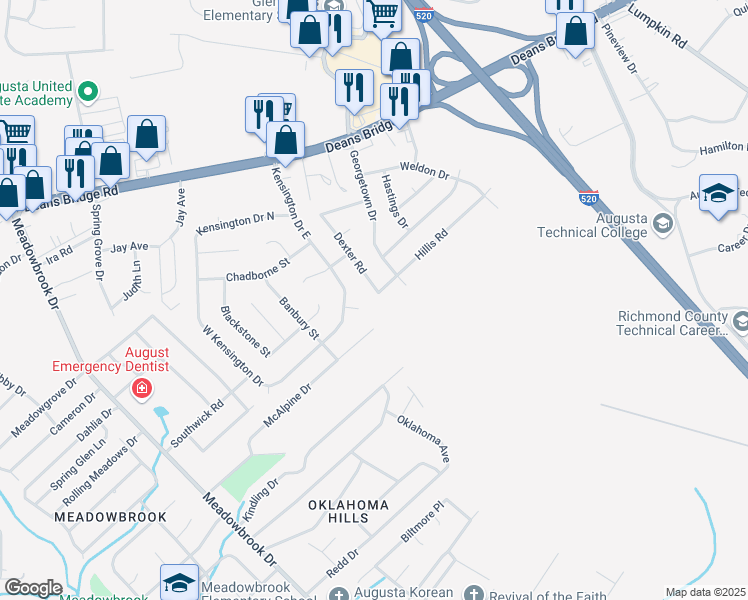 map of restaurants, bars, coffee shops, grocery stores, and more near 2502 Dexter Road in Augusta