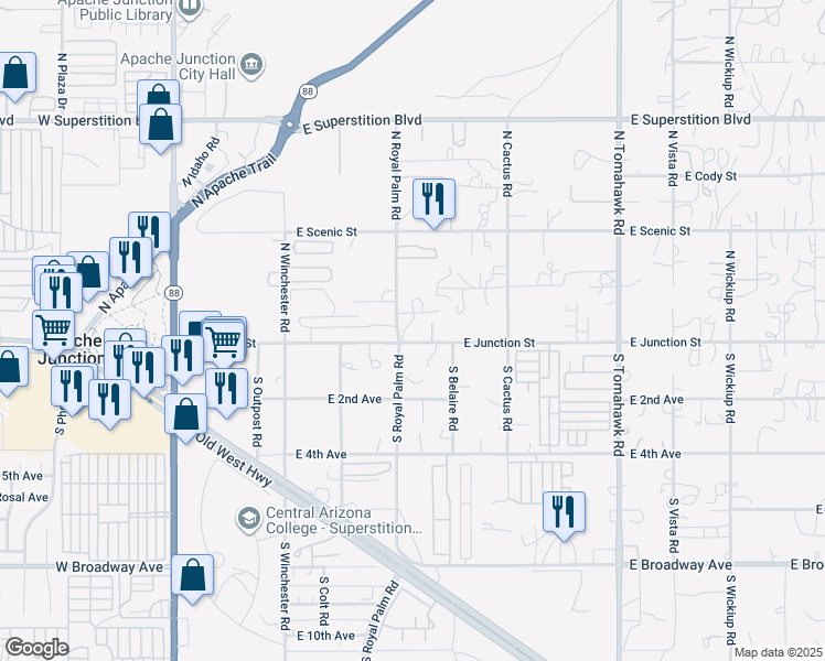 map of restaurants, bars, coffee shops, grocery stores, and more near 836 East Junction Street in Apache Junction