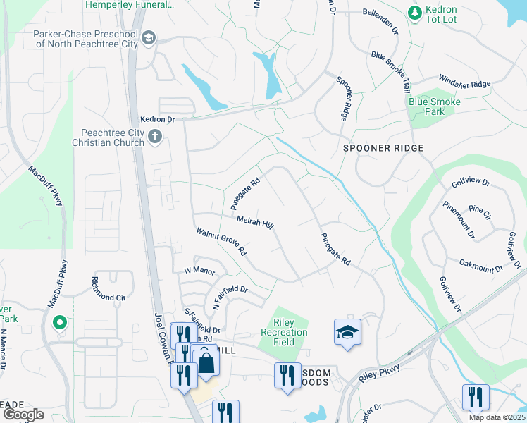 map of restaurants, bars, coffee shops, grocery stores, and more near 102 Danbury Yard Road in Peachtree City