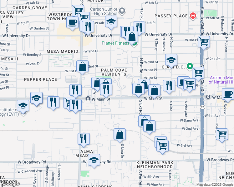 map of restaurants, bars, coffee shops, grocery stores, and more near 960 West Main Street in Mesa