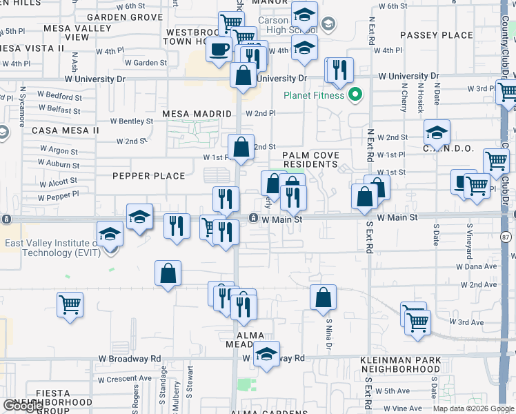 map of restaurants, bars, coffee shops, grocery stores, and more near in Mesa