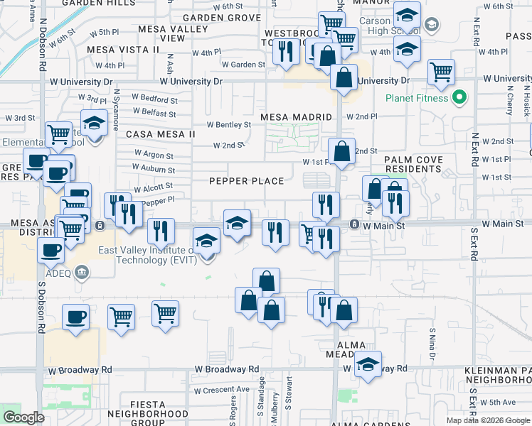 map of restaurants, bars, coffee shops, grocery stores, and more near 1406 West Main Street in Mesa