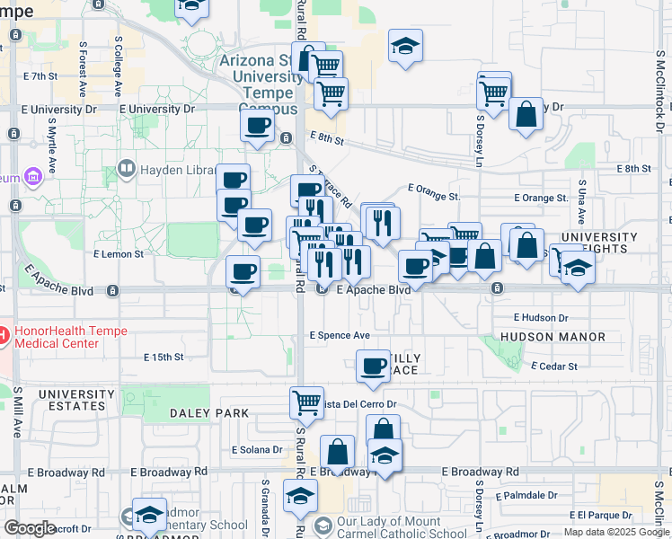 map of restaurants, bars, coffee shops, grocery stores, and more near 1020 Apache Boulevard in Tempe