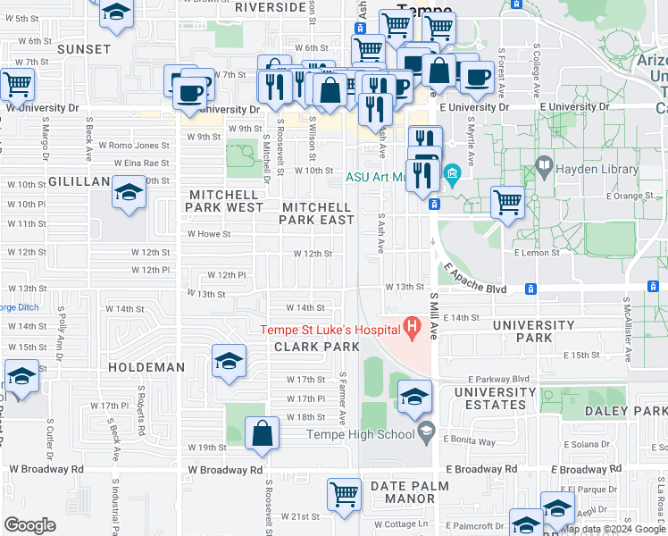 map of restaurants, bars, coffee shops, grocery stores, and more near 1218 South Farmer Avenue in Tempe