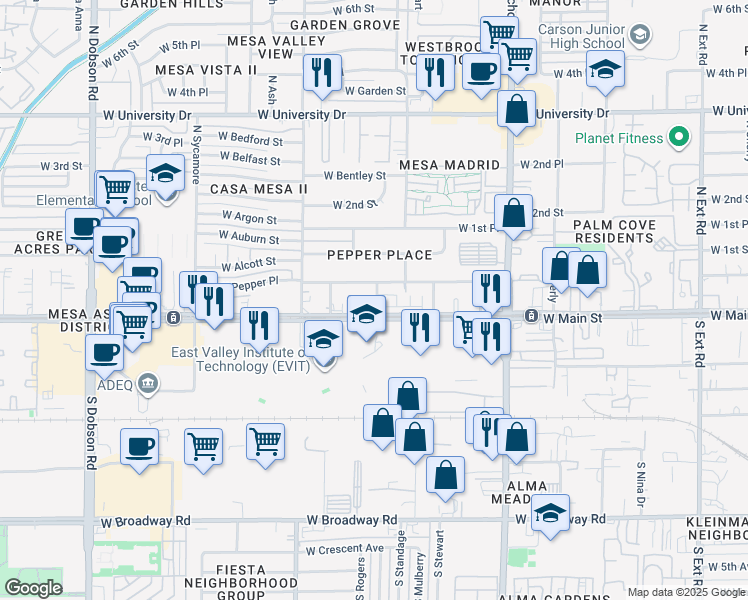 map of restaurants, bars, coffee shops, grocery stores, and more near 20 North Rogers in Mesa