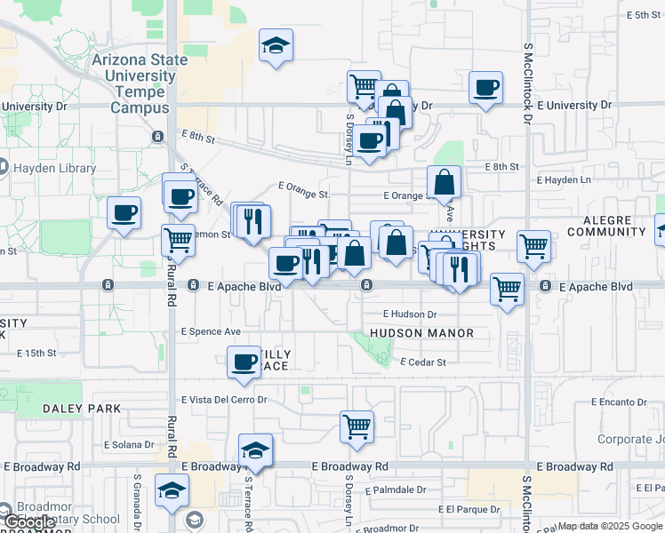 map of restaurants, bars, coffee shops, grocery stores, and more near in Tempe