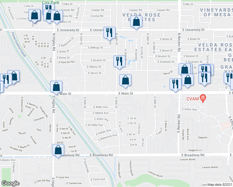 map of restaurants, bars, coffee shops, grocery stores, and more near E Main St & S 56th St in Mesa