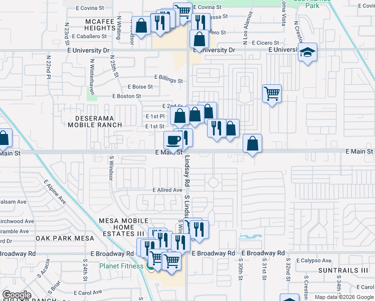 map of restaurants, bars, coffee shops, grocery stores, and more near South Lindsay Road in Mesa