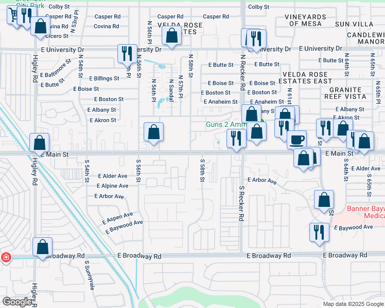 map of restaurants, bars, coffee shops, grocery stores, and more near 5763 East Main Street in Mesa