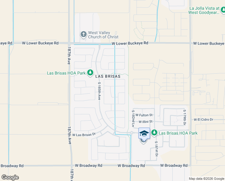 map of restaurants, bars, coffee shops, grocery stores, and more near 3425 South 184th Drive in Goodyear