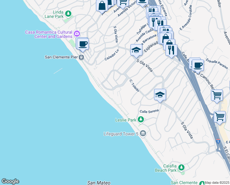map of restaurants, bars, coffee shops, grocery stores, and more near 312 La Rambla in San Clemente