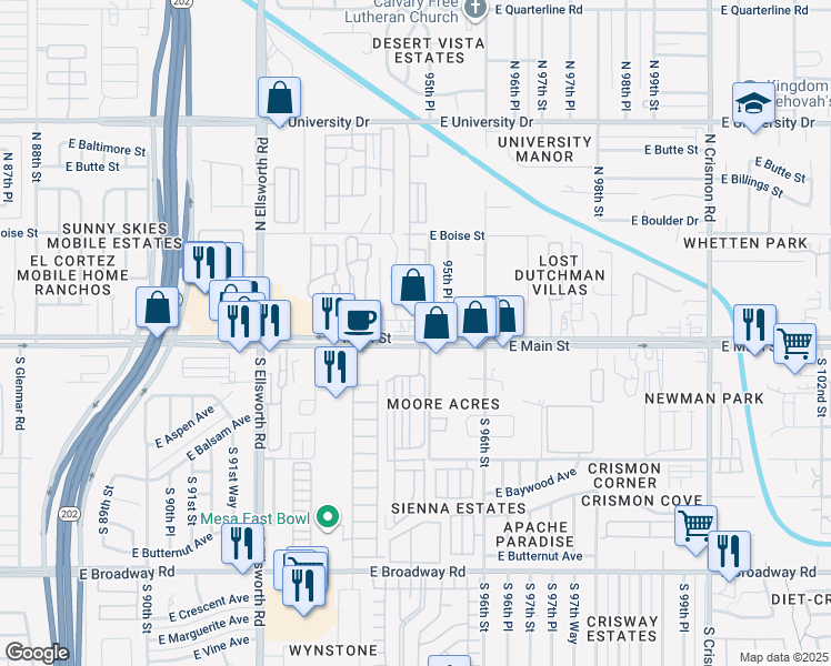 map of restaurants, bars, coffee shops, grocery stores, and more near 9452 East Apache Trail in Mesa
