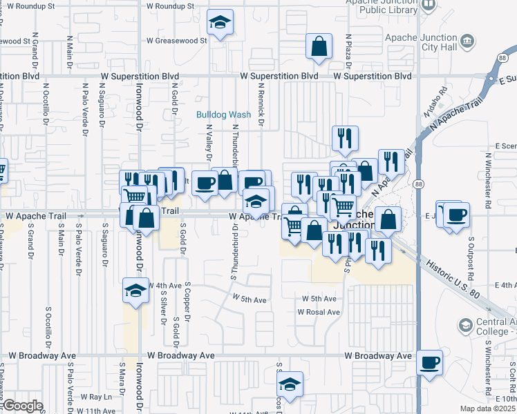 map of restaurants, bars, coffee shops, grocery stores, and more near 950 Apache Trail in Apache Junction