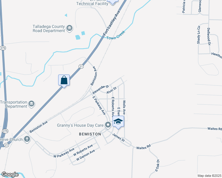 map of restaurants, bars, coffee shops, grocery stores, and more near 218 Alvin Street in Talladega