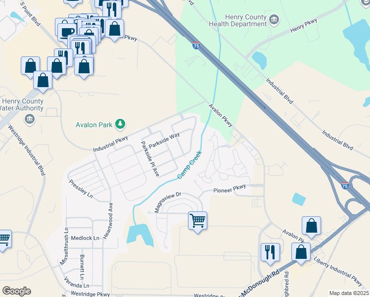 map of restaurants, bars, coffee shops, grocery stores, and more near 242 Parkview Place Drive in McDonough