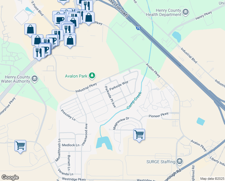 map of restaurants, bars, coffee shops, grocery stores, and more near 463 Parkside Way in McDonough