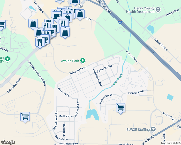 map of restaurants, bars, coffee shops, grocery stores, and more near 208 Paulownia Circle in McDonough