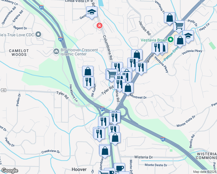 map of restaurants, bars, coffee shops, grocery stores, and more near 816 Vestavia Villa Court in Vestavia Hills
