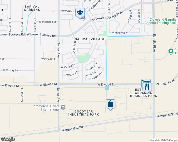 map of restaurants, bars, coffee shops, grocery stores, and more near 16075 W Sierra St in Goodyear