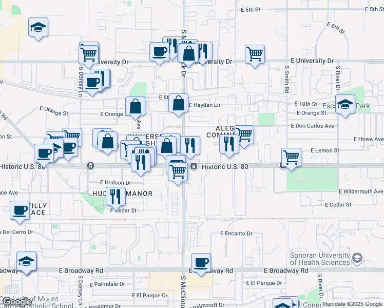map of restaurants, bars, coffee shops, grocery stores, and more near 1245 South McClintock Drive in Tempe