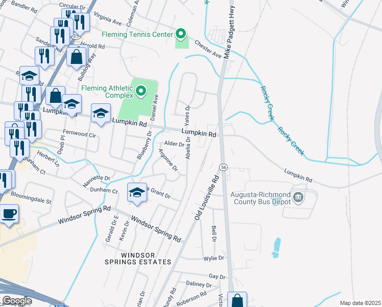 map of restaurants, bars, coffee shops, grocery stores, and more near 2916 Abelia Drive in Augusta