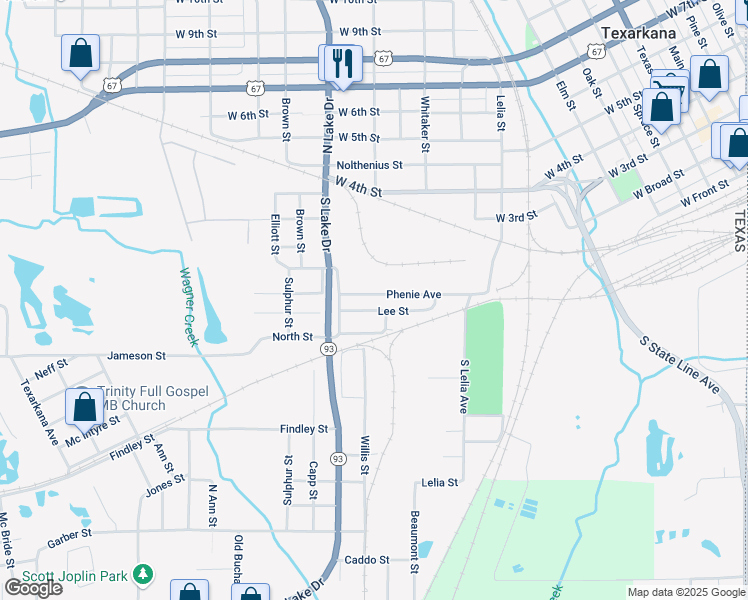 map of restaurants, bars, coffee shops, grocery stores, and more near 1303 Phenie Avenue in Texarkana