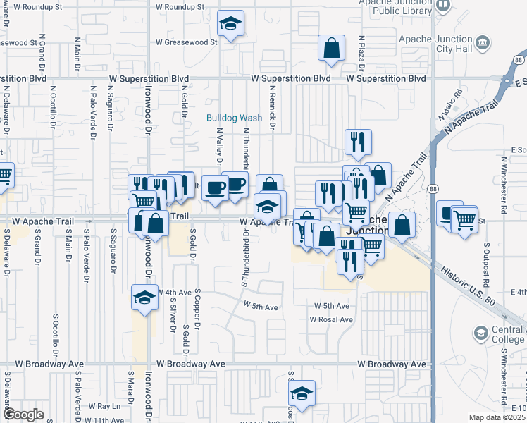 map of restaurants, bars, coffee shops, grocery stores, and more near 950 Apache Trail in Apache Junction