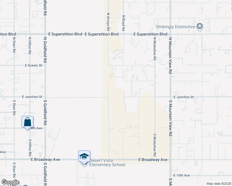 map of restaurants, bars, coffee shops, grocery stores, and more near 33 South Arroya Road in Apache Junction