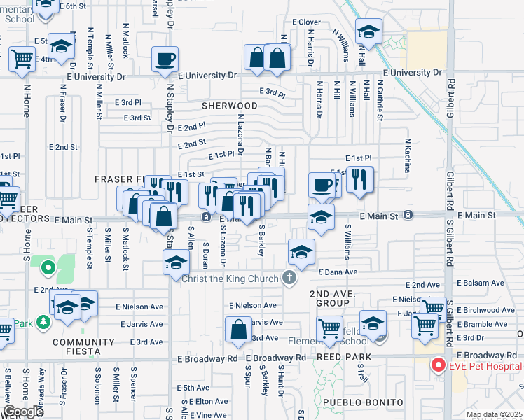 map of restaurants, bars, coffee shops, grocery stores, and more near 1464 East Main Street in Mesa