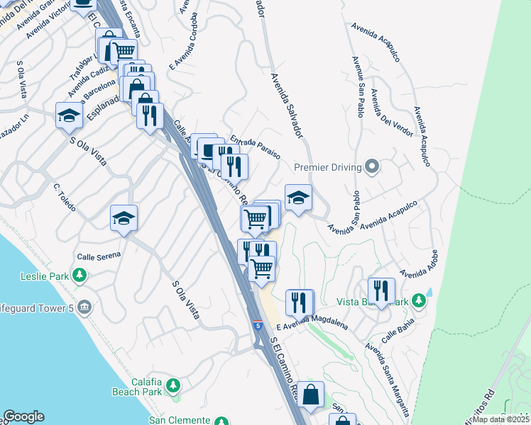 map of restaurants, bars, coffee shops, grocery stores, and more near 106 Avenida San Pablo in San Clemente