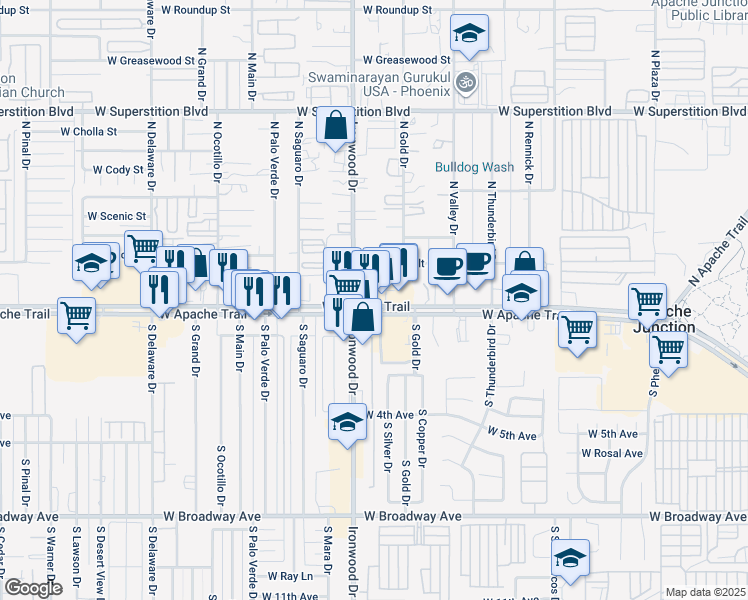 map of restaurants, bars, coffee shops, grocery stores, and more near 1520 Apache Trail in Apache Junction