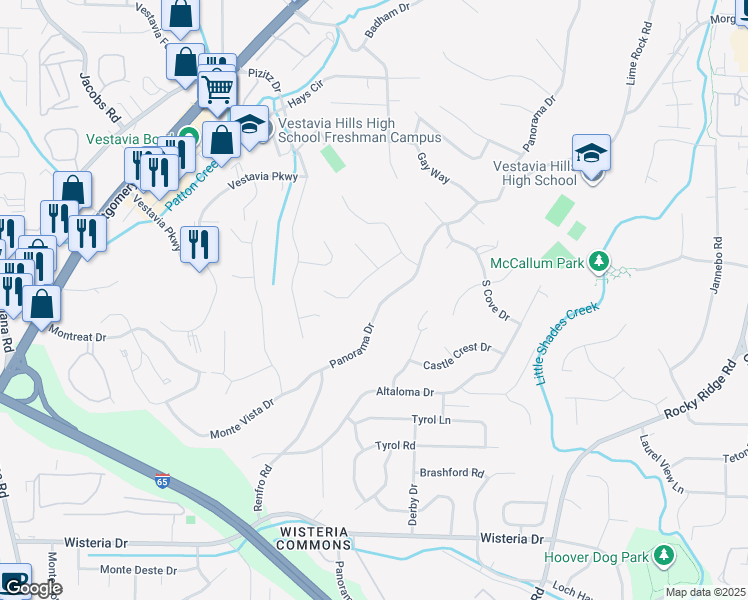map of restaurants, bars, coffee shops, grocery stores, and more near 1620 Panorama Drive in Vestavia Hills